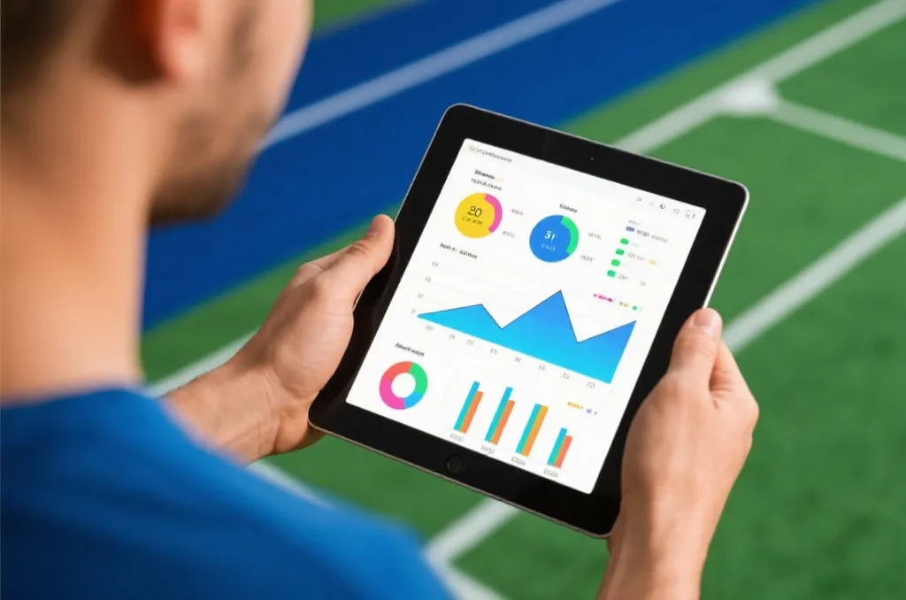 A person holding a tablet analyzing clean, colorful sports statistical charts and performance graphs