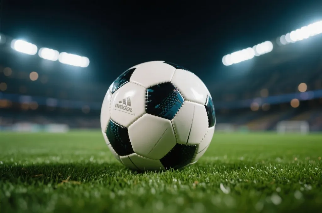 A close-up of a professional soccer ball on a lush green turf under bright stadium lights