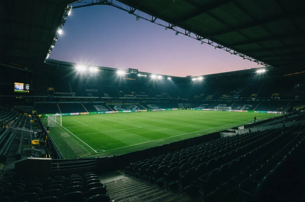 An atmospheric wide angle shot of a professional soccer stadium under bright lights at dusk